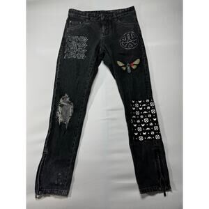 Ashluxe Men's Distressed Rhinestone Ankle Zip Taper Leg Black Jeans - Size 30x30